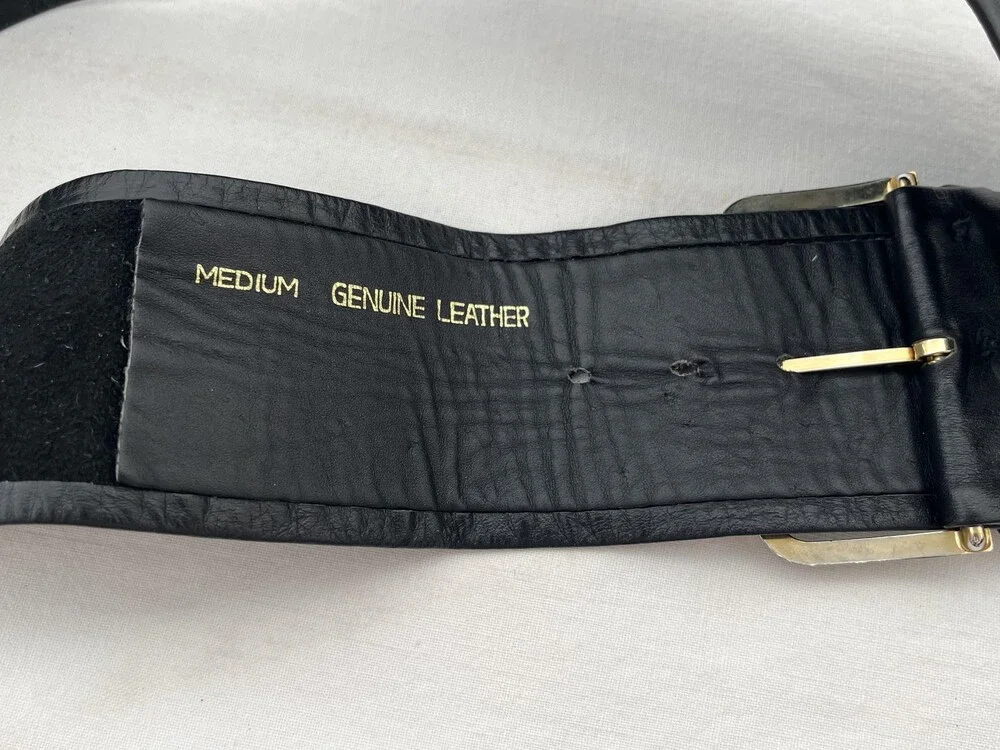 Handmade Wide Genuine Leather Belt Womens Med Black Waist Cinch Statement Buckle